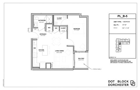 Floor plan for 1 bed, 1 bath, 677 sqft